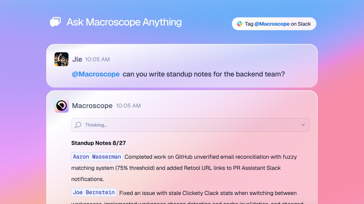 A Slack thread where someone asks @Macroscope for standup notes and Macroscope answers from the codebase