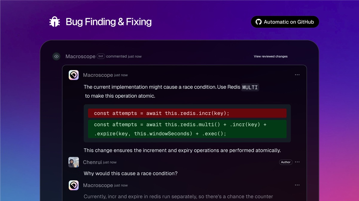 Macroscope comment on a GitHub pull request flagging a Redis race condition and suggesting an atomic MULTI fix