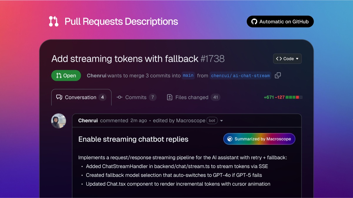 A GitHub pull request description written by Macroscope, summarizing the change in plain language