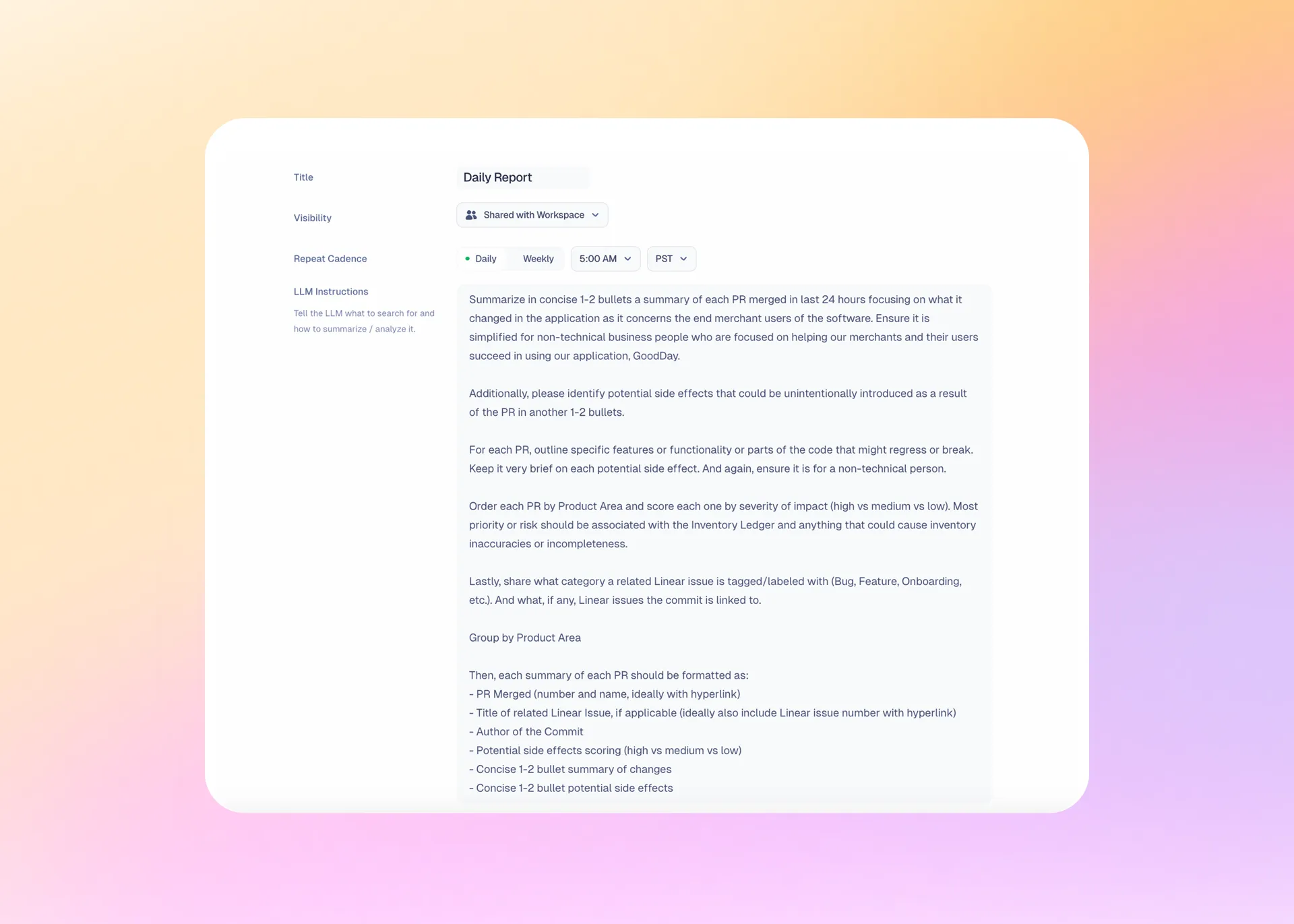 The custom Macro daily report that runs at 5am daily, scanning recent commits and identifying potential consequences.