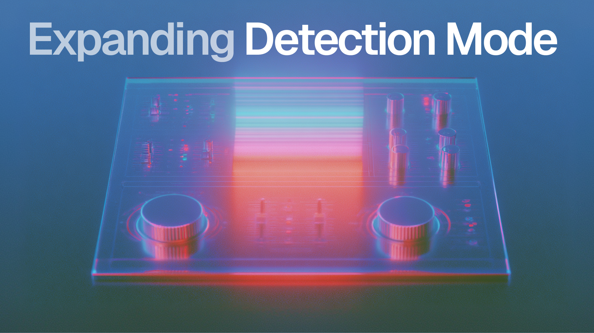 Expanding Detection Mode above a translucent code review control surface glowing in blue, pink, and cyan