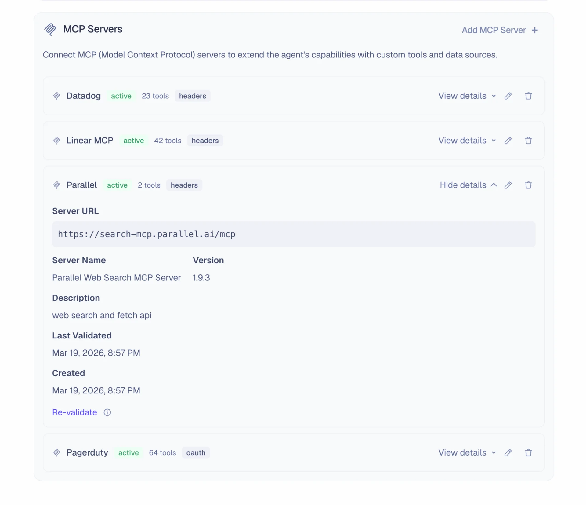 MCP Servers settings page showing connected Datadog, Linear, Parallel, and PagerDuty servers with tool counts and auth methods