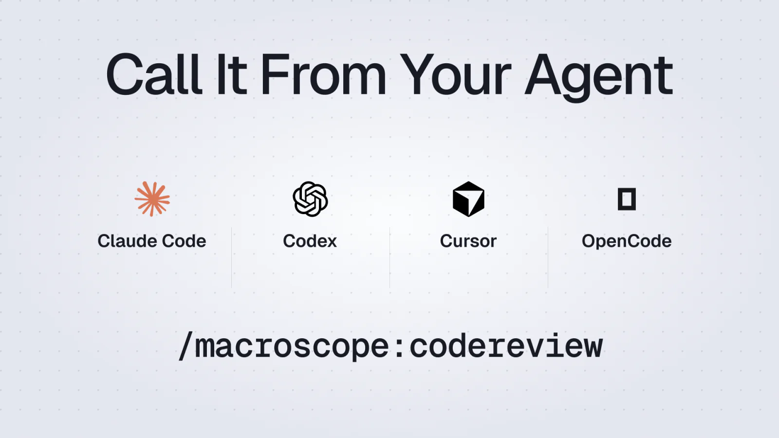 Macroscope command matrix for Claude Code, Codex, Cursor, and OpenCode