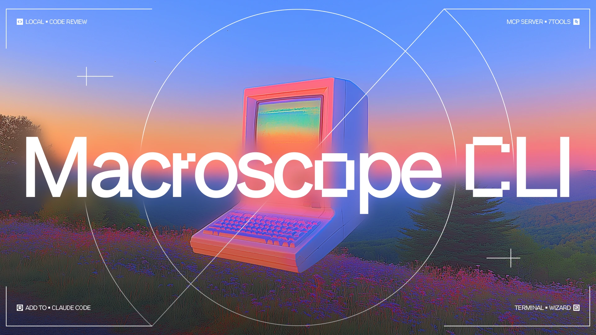 A retro computer floating above a serene mountain valley at sunset.